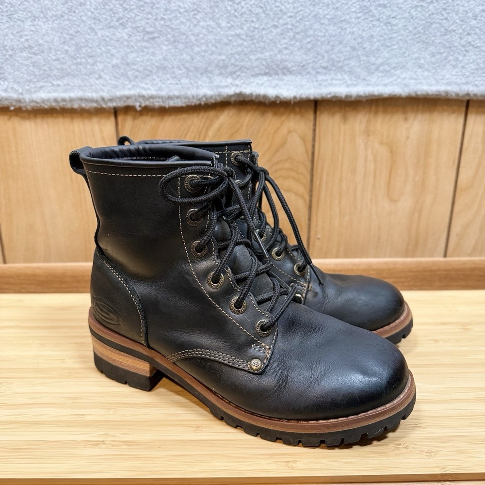 VTG Skechers Womens 7 Laramie Engineer Combat Boots Black Leather Lug 90s Y2K